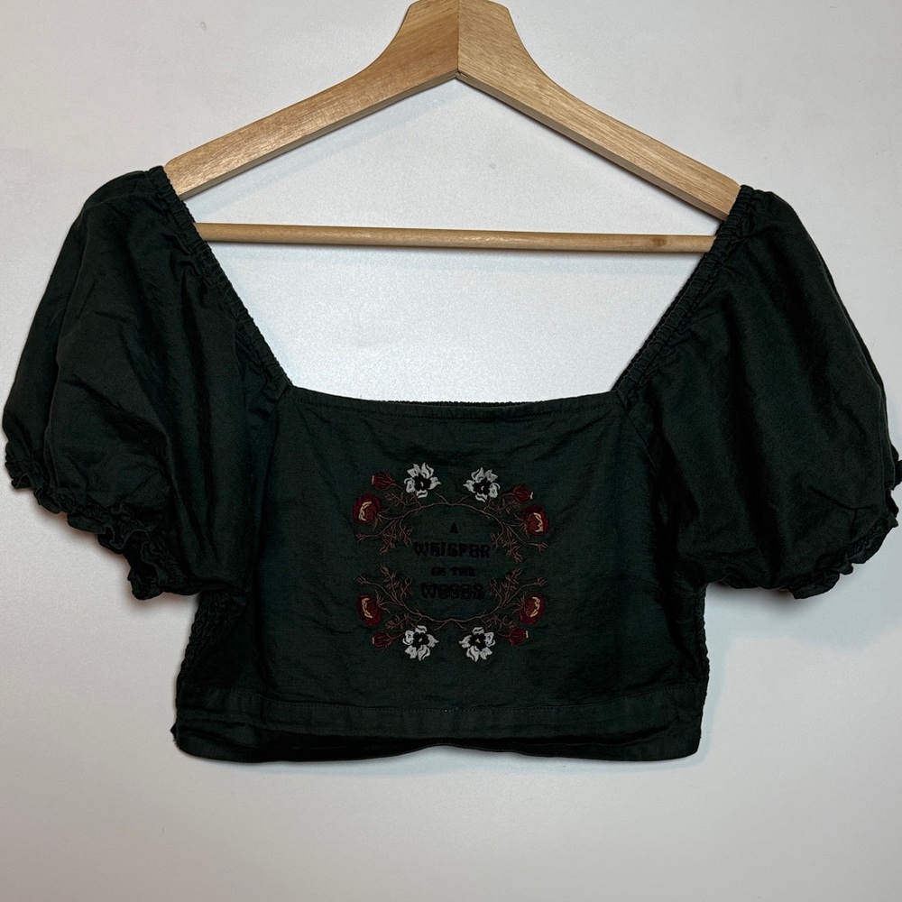 Disturbia Whisper Embroidered Linen-Blend Smock Crop Top